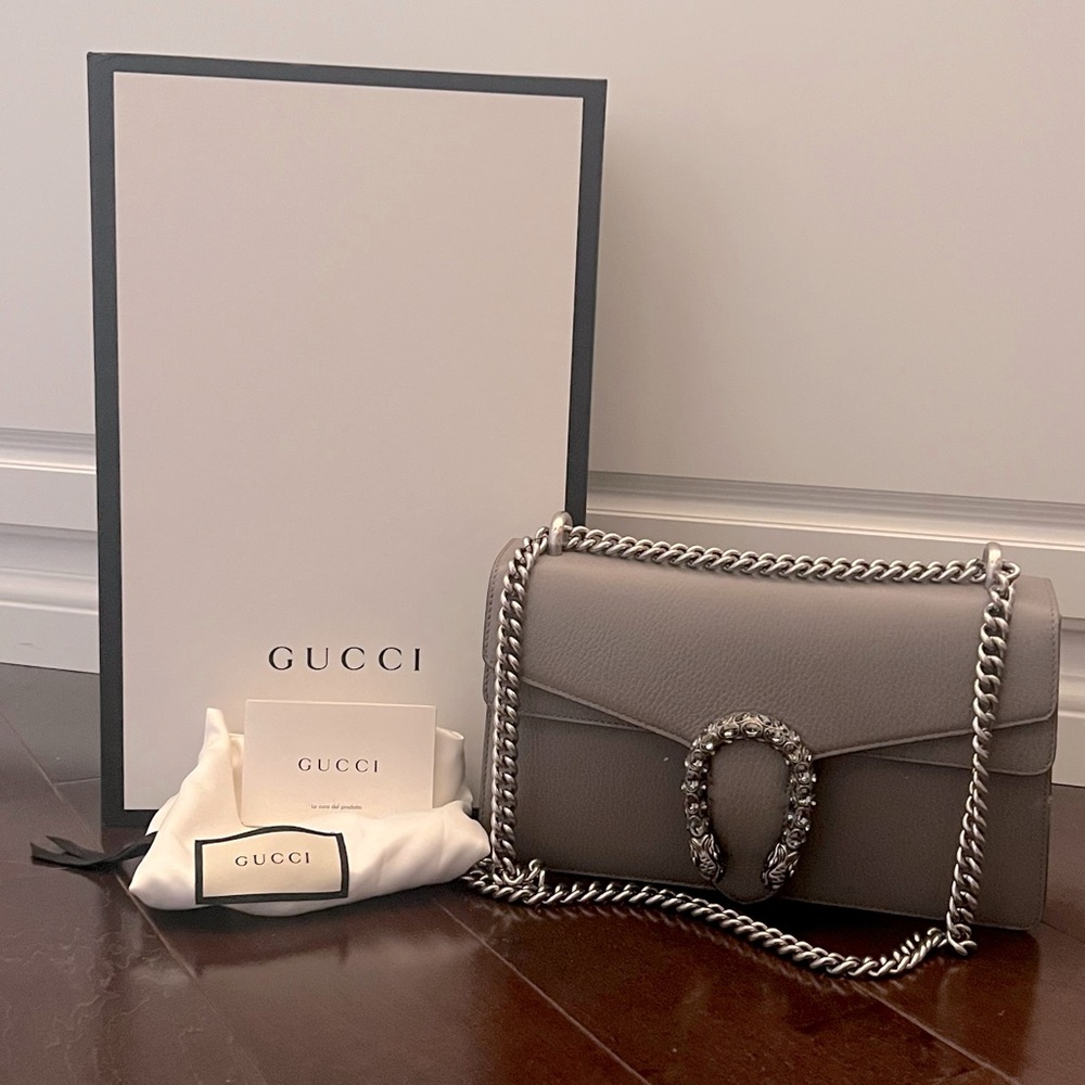 Dionsysus small grey handbag smoke free home, box, dust bag, card.